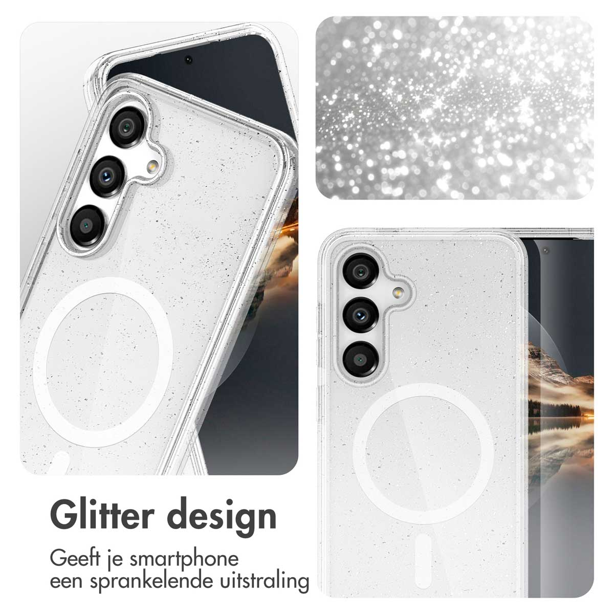 Coque de téléphone à paillettes, gros plan. La coque a un motif à paillettes.