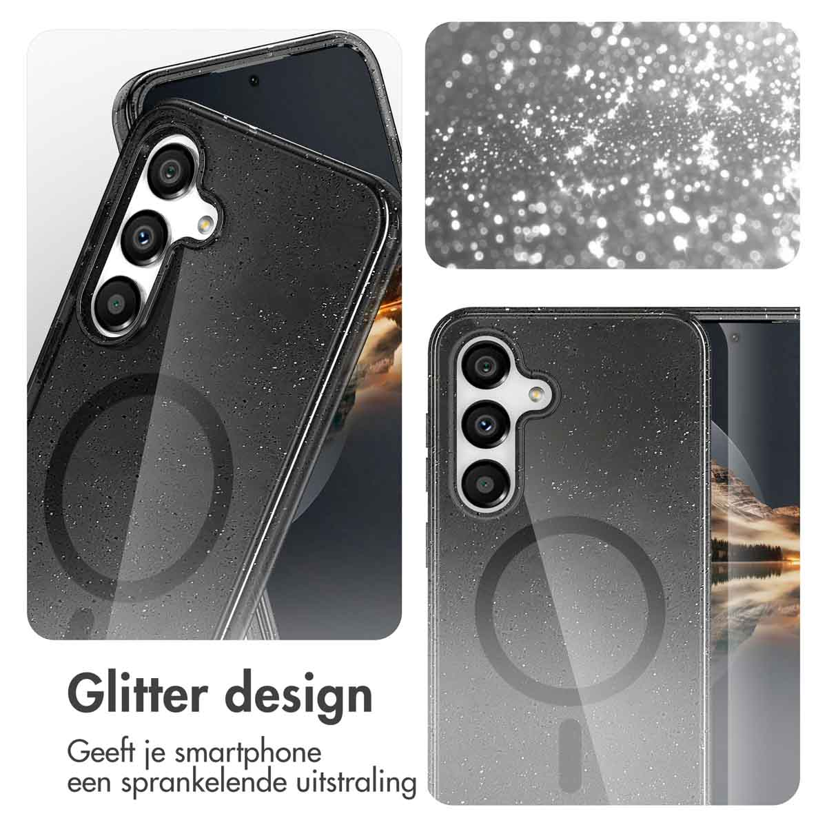 Coque de téléphone noire avec motif pailleté. Texte : Le motif pailleté donne à votre smartphone un aspect étincelant.