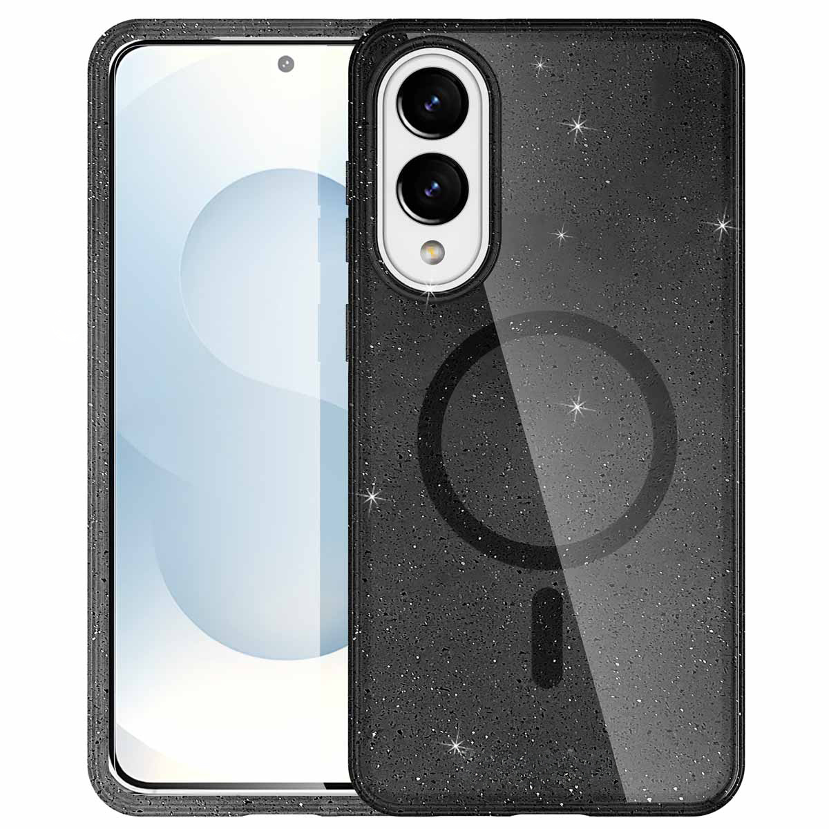 Zwarte glitter telefoonhoes met een telefoon erin, met de camera en MagSafe ring.
