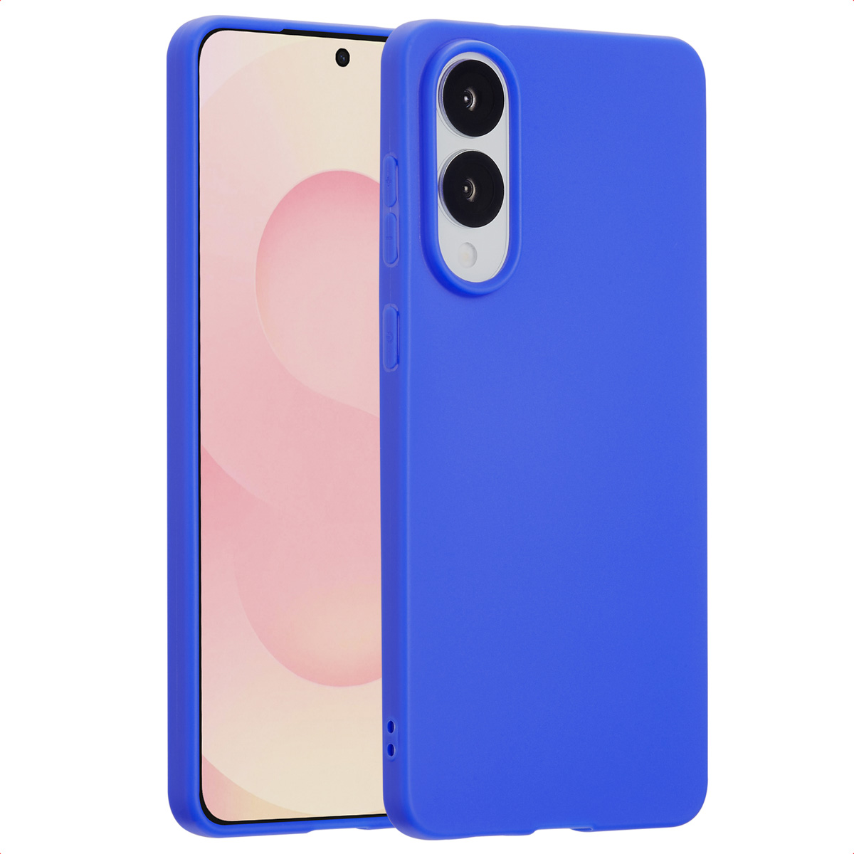 Blauwe telefoonhoes op een telefoon, met de camera en zijknoppen.