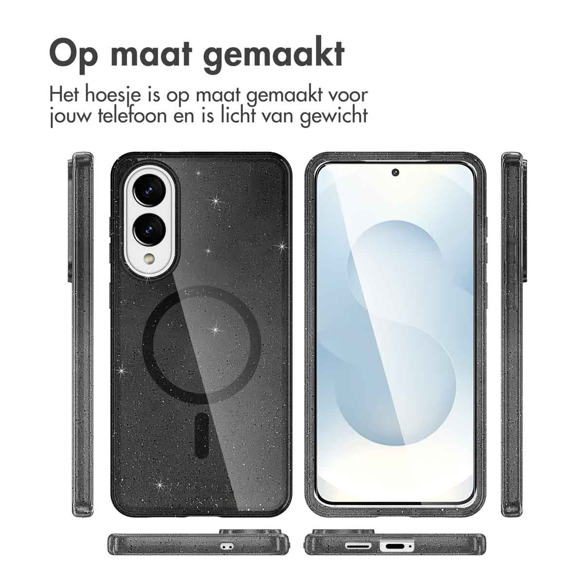 Telefoonhoes met telefoon erin, met voor-, achter- en zijaanzichten.