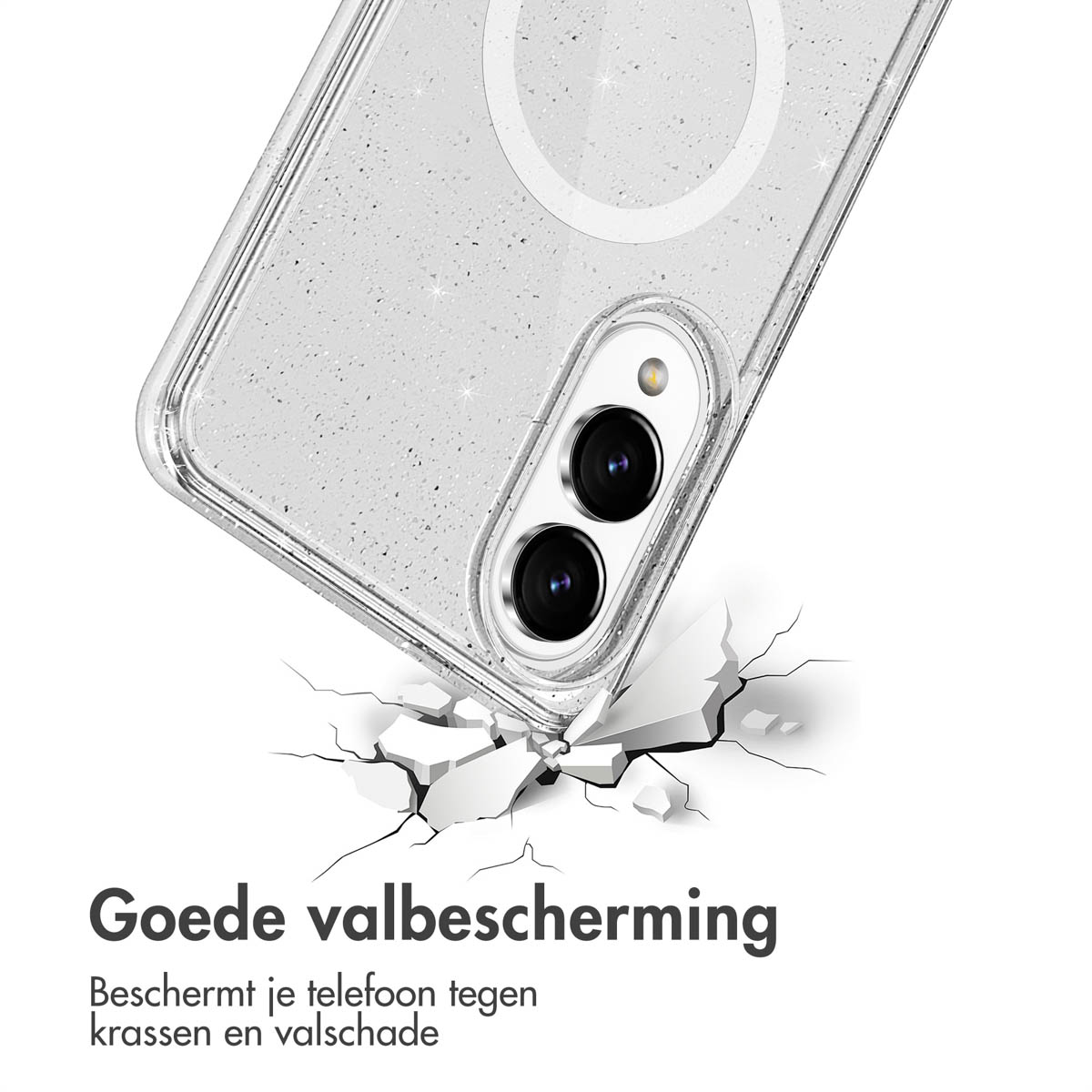 Een telefoonhoes breekt bij impact. De impact veroorzaakt scheuren.