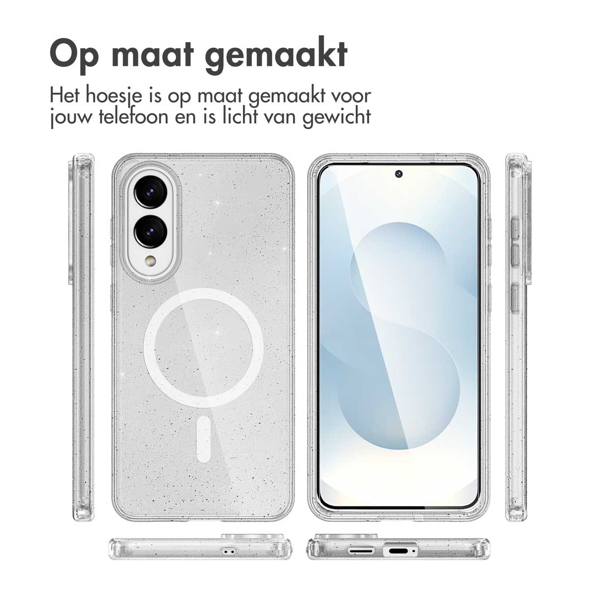 Een telefoon in een doorzichtige hoes met meerdere weergaven. De hoes heeft een MagSafe-ring.