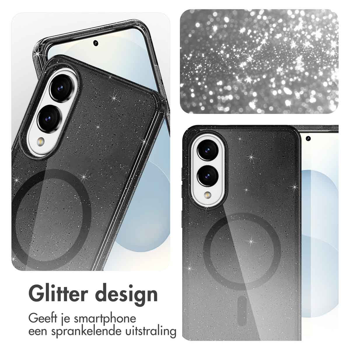 Zwarte telefoonhoes met glitterdesign. Tekst: Glitterdesign geeft je smartphone een sprankelende uitstraling.