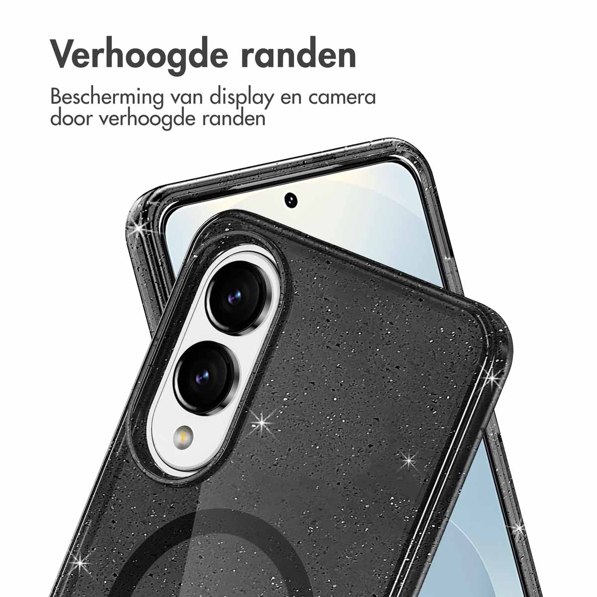 Een telefoon in een doorzichtige hoes. De hoes heeft verhoogde randen.