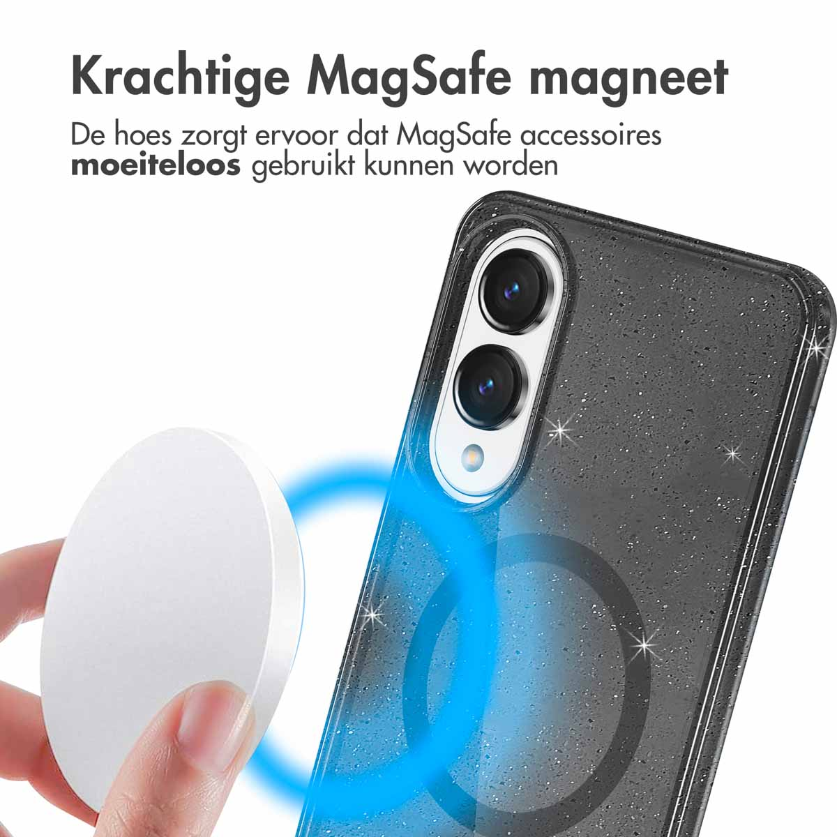 Een telefoonhoesje met een MagSafe-magneet. Een hand houdt een MagSafe-accessoire vast.