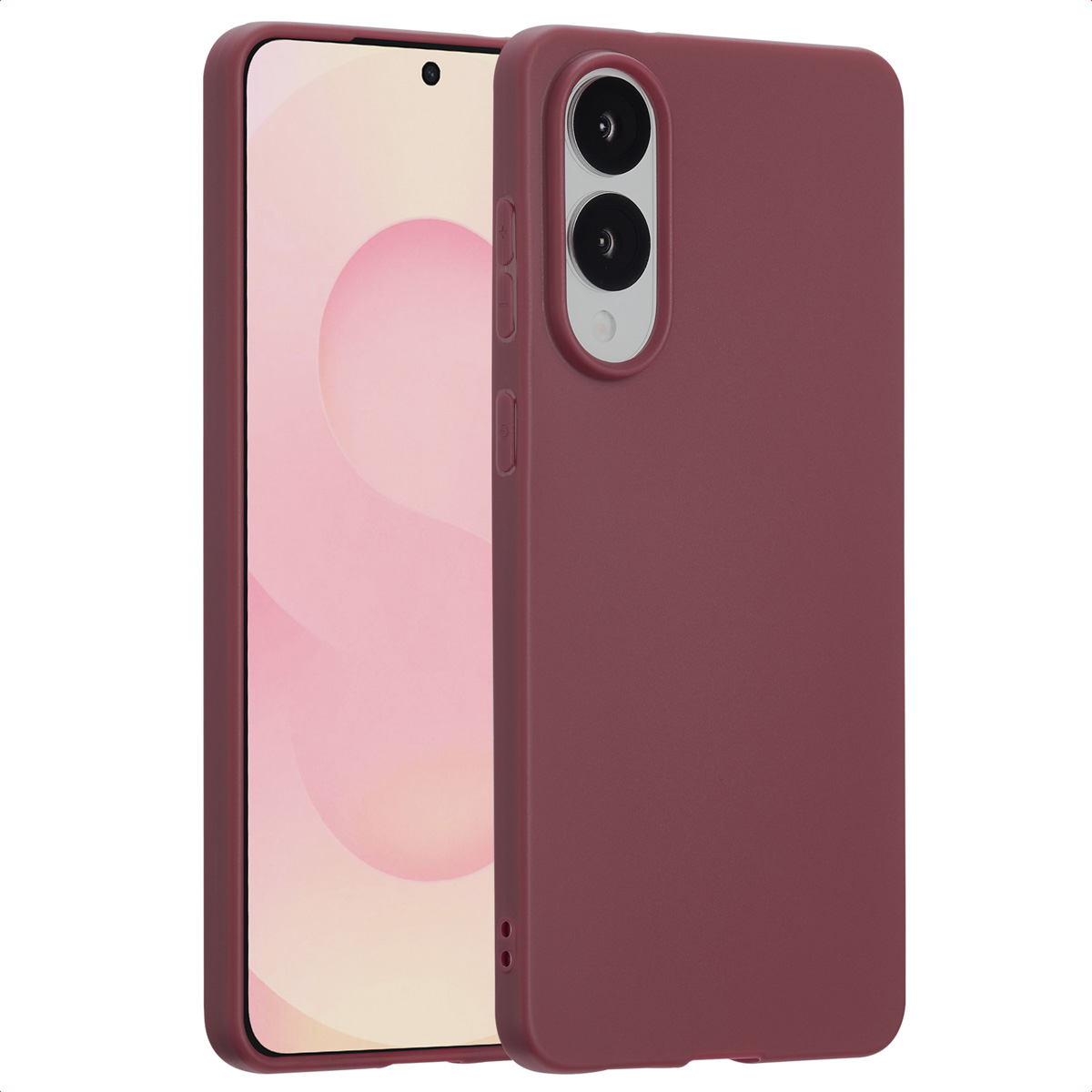 Een telefoon in een bordeauxrode hoes. De telefoon staat rechtop. De camera is zichtbaar.