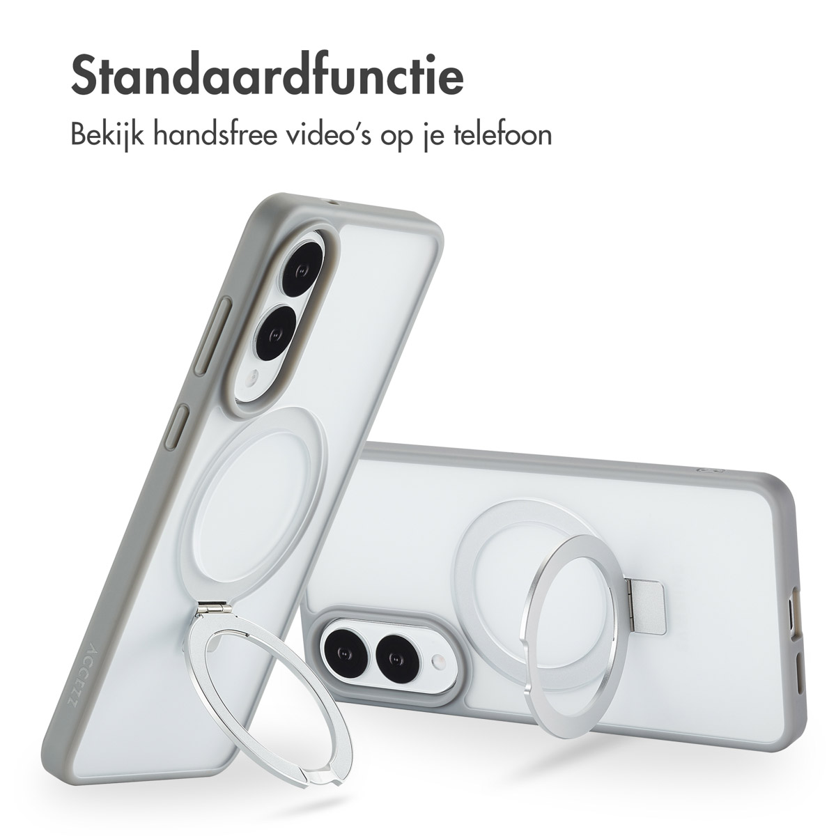 Twee telefoons met hoesjes en ringhouders. Eén telefoon heeft een stand uitgeschoven.