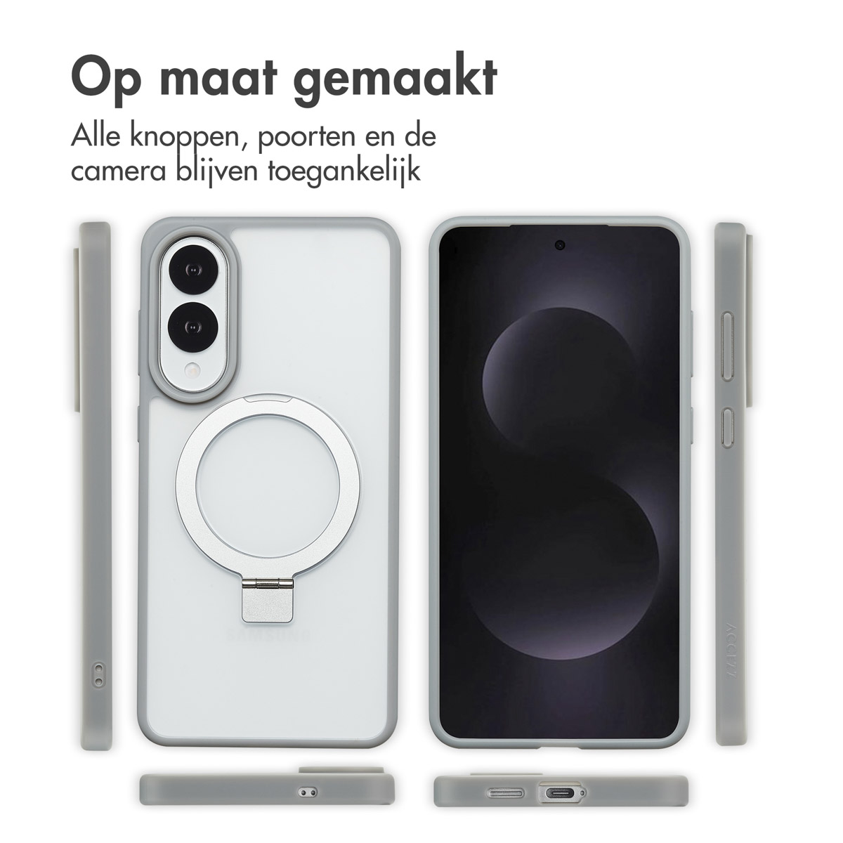 Telefoon met hoesje, ringhouder en accessoires. Tekst: 'Op maat gemaakt'.