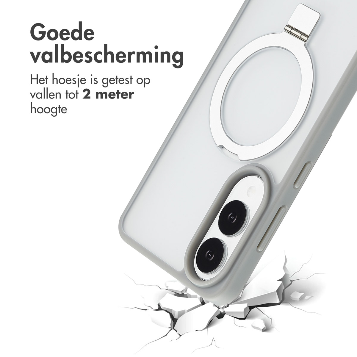 Telefoon met hoesje en ringhouder. Tekst: 'Goede valbescherming'.