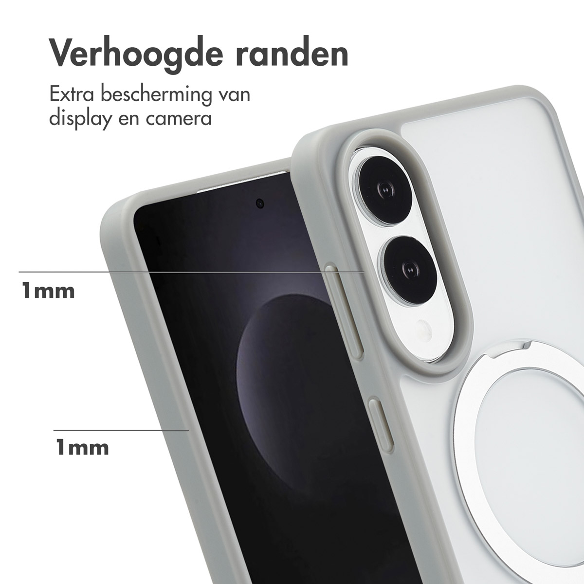 Grijze telefoonhoes met ringhouder. Telefoonscherm is zichtbaar. Tekst: 'Verhoogde randen'.