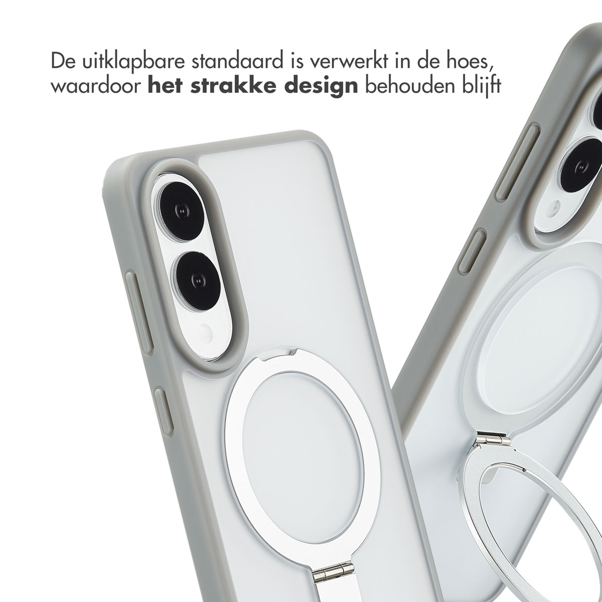 Telefoon met hoesje en ringhouder. Tekst: 'De uitklapbare standaard'.