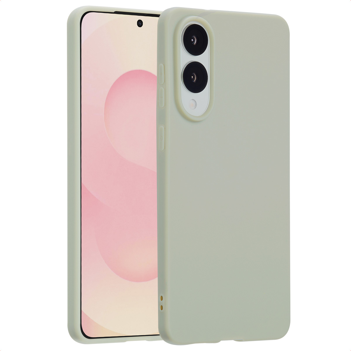 Een telefoon in een lichtgroene hoes. De telefoon staat op een witte achtergrond.