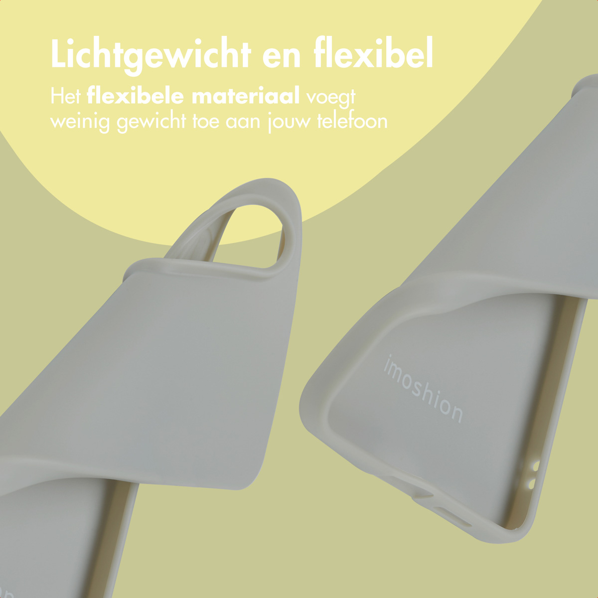 Twee flexibele telefoonhoesjes. Eén is gebogen. Tekst: 'Lichtgewicht en flexibel'.