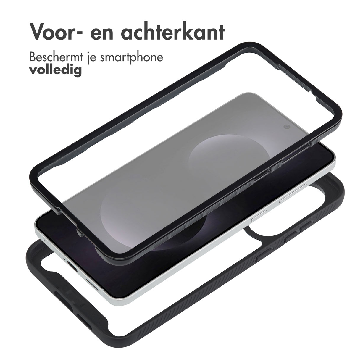 Three layers of phone case, phone in the middle. Text: 'Voor- en achterkant'.