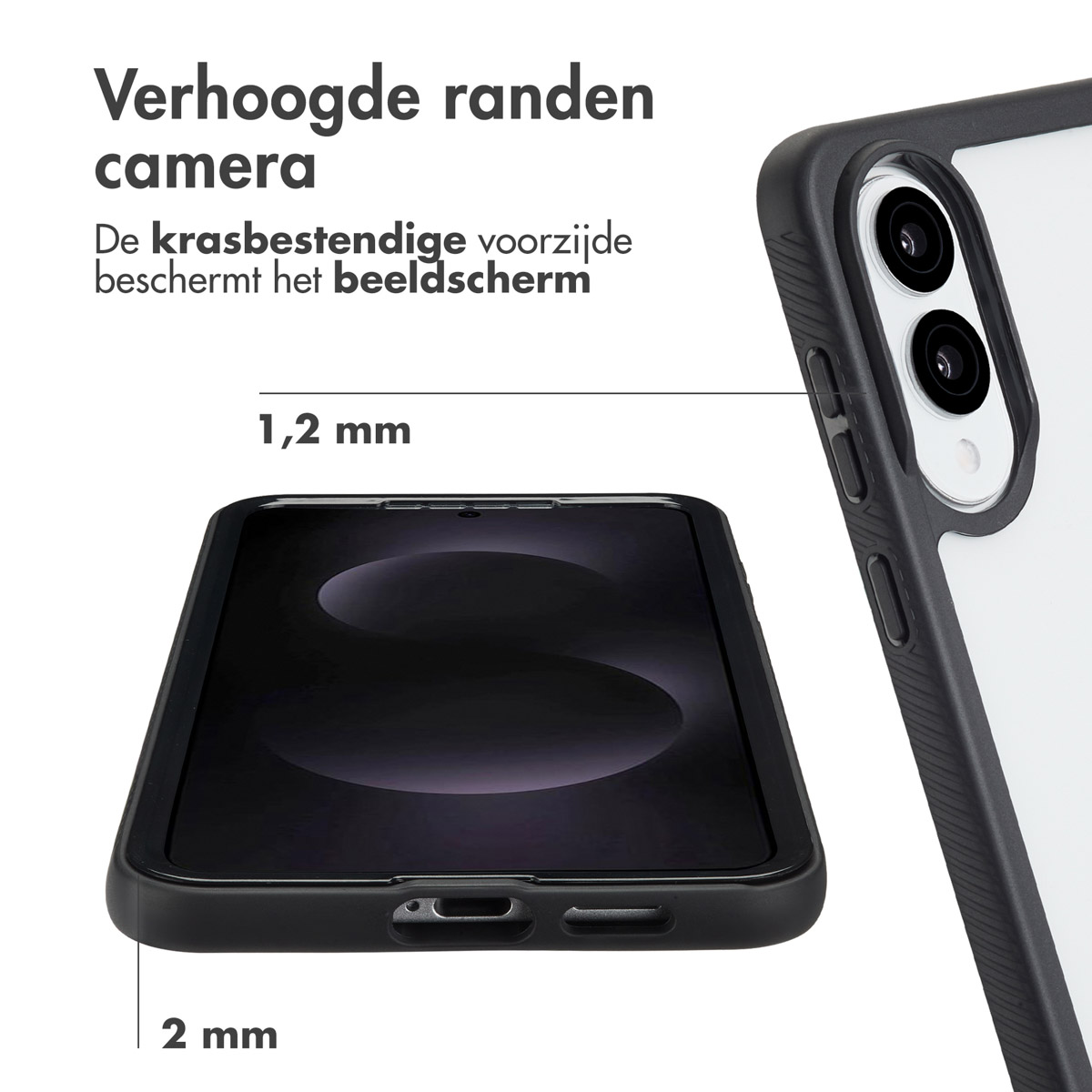 Black phone case with a screen protector. Text: The scratch-resistant front protects the screen.
