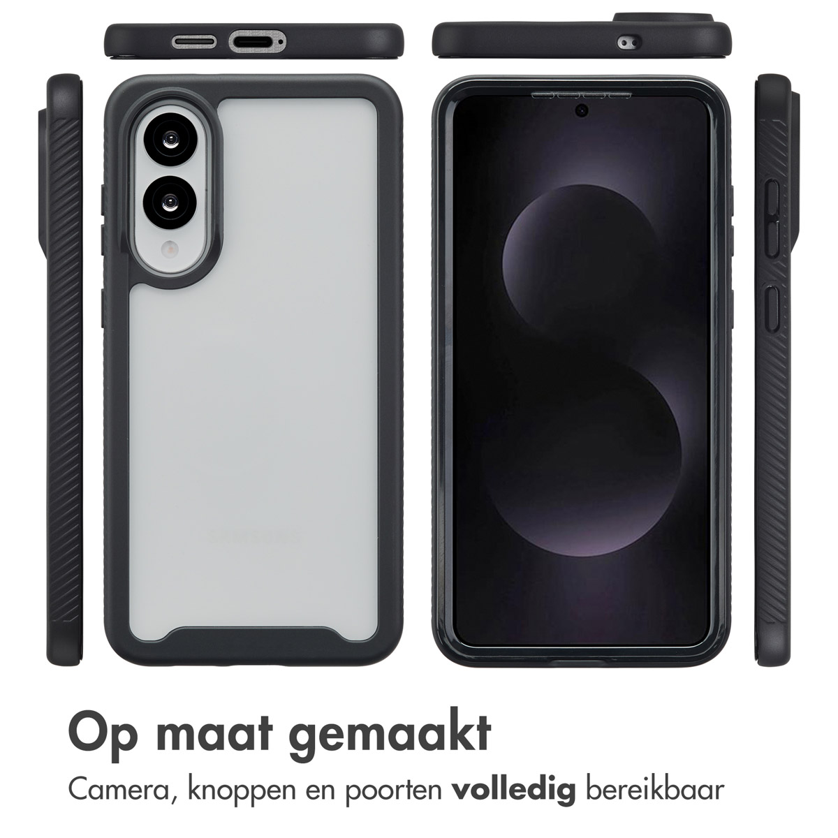 Phone in black case. Various views of the phone. Text: Made to measure.