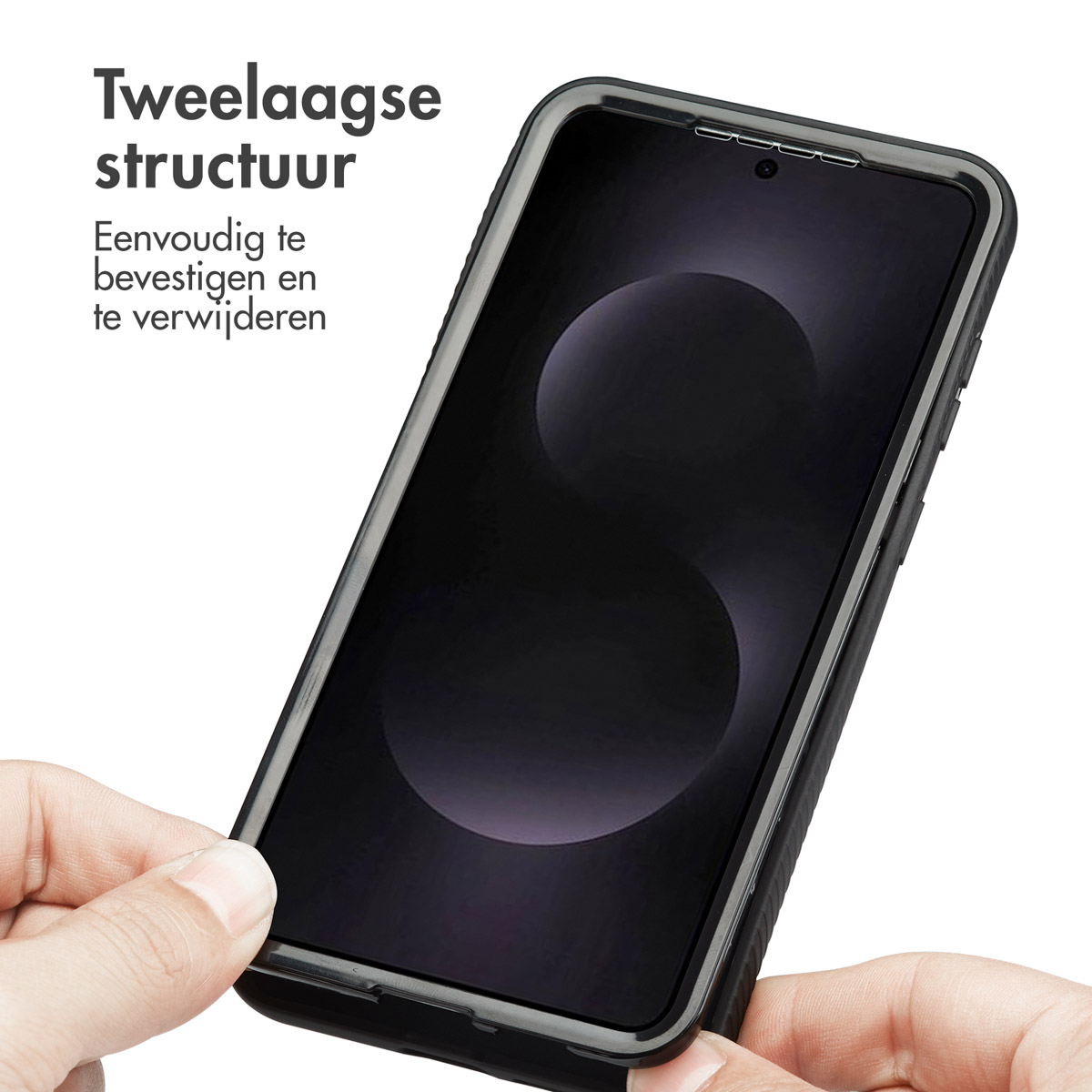 Hands holding a phone with a case. Text: Two-layer structure. Easy to install and remove.