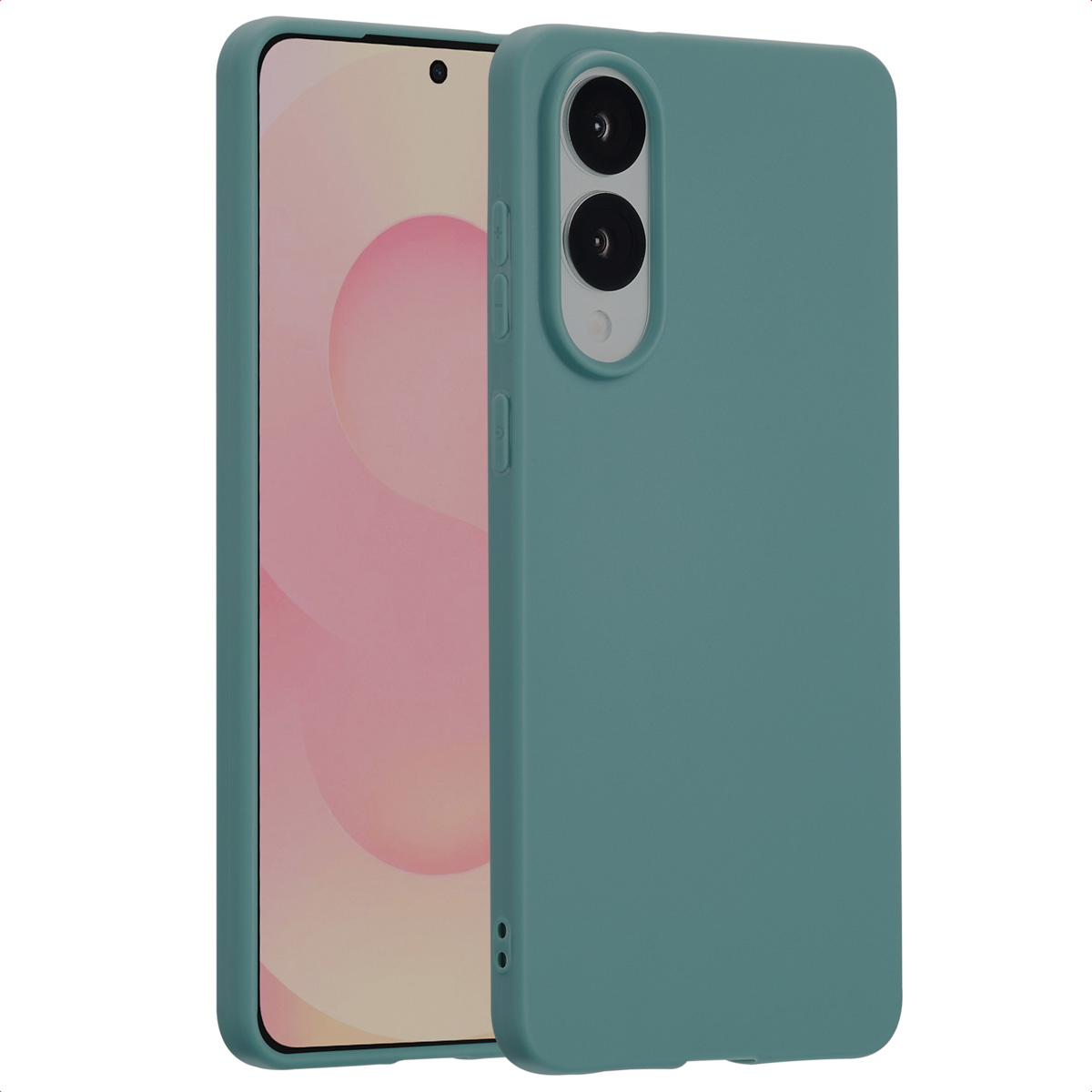 Een teal telefoonhoesje op een telefoon. De hoes bedekt de achterkant en zijkanten van de telefoon.