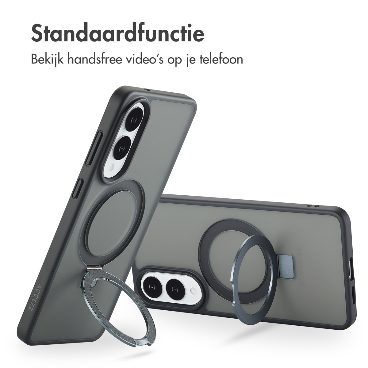 Deux téléphones avec supports de bague, un debout. L'anneau du support sert de support pour une visualisation mains libres.