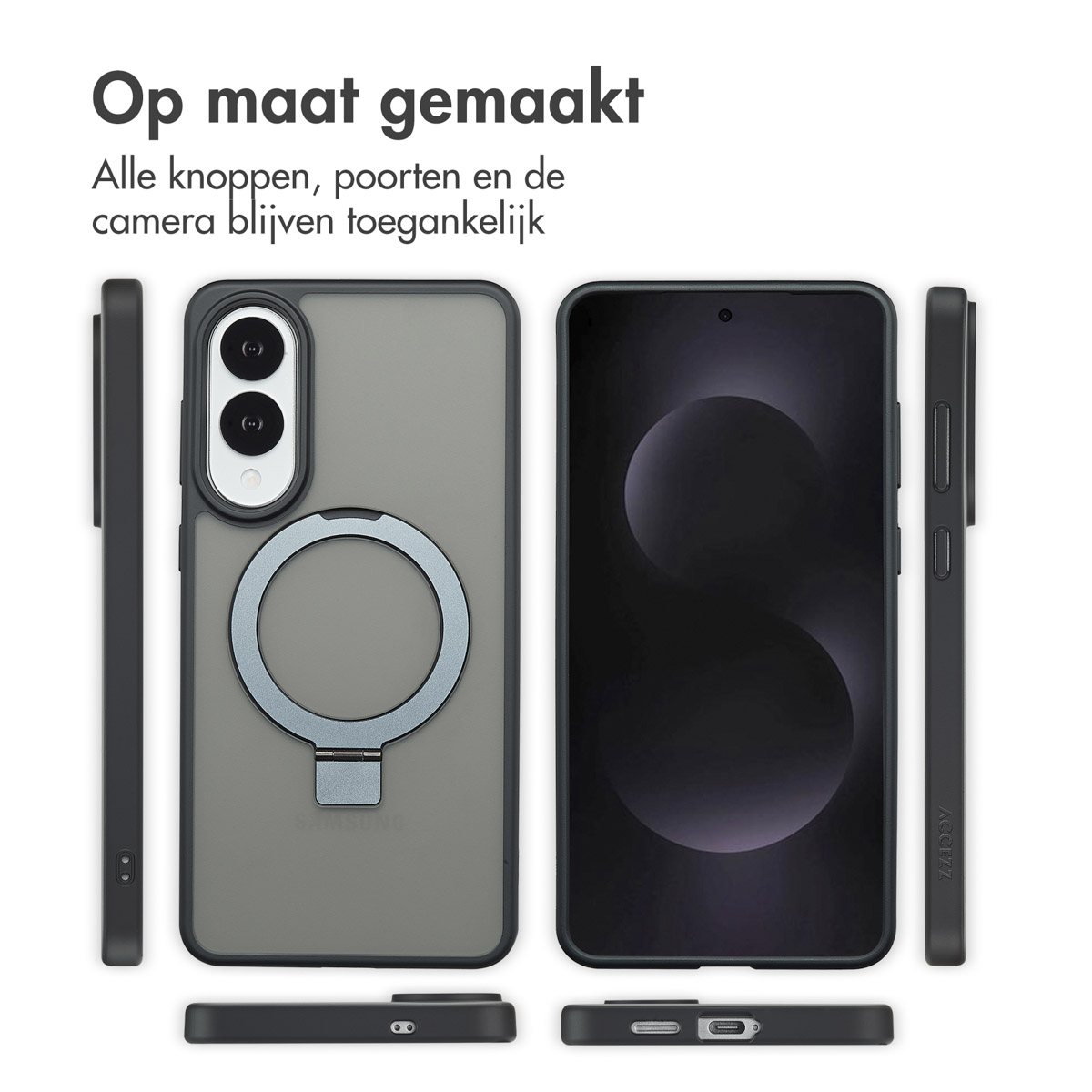 Plusieurs vues d'un téléphone avec un support de bague. Texte : Fabriqué sur mesure. Tous les boutons et ports restent accessibles.