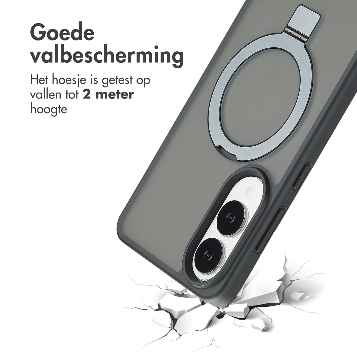 Coque de téléphone grise avec support de bague. Le téléphone est tombé au sol et s'est brisé.