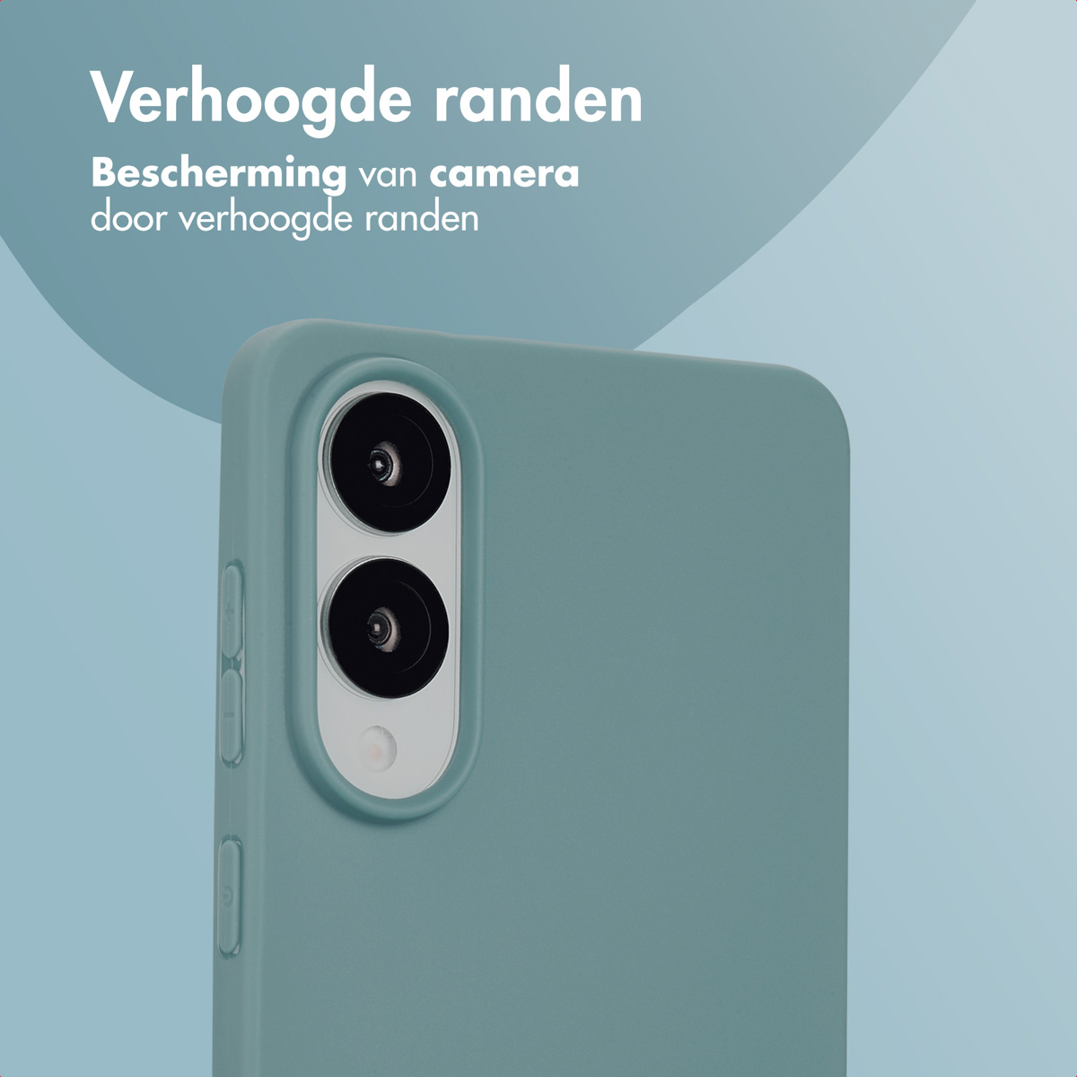 Groene telefoonhoes. Tekst: Verhoogde randen, bescherming van de camera door verhoogde randen.