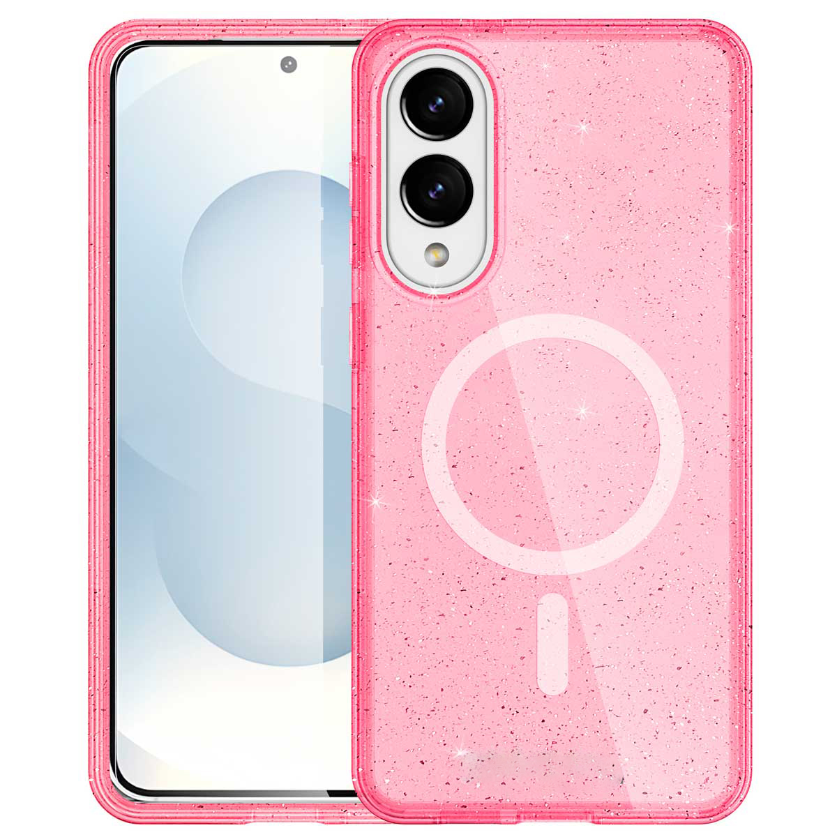 Coque de téléphone rose à paillettes sur un téléphone, avec un cercle blanc et un tiret.