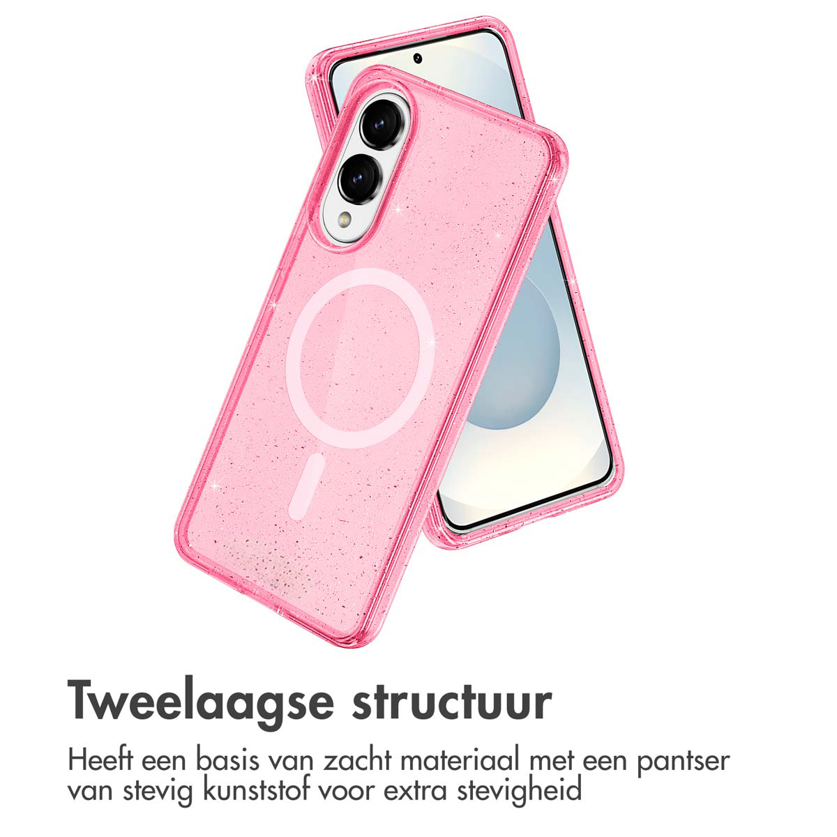 Coque de téléphone rose à paillettes sur un téléphone, présentant sa structure à deux couches.