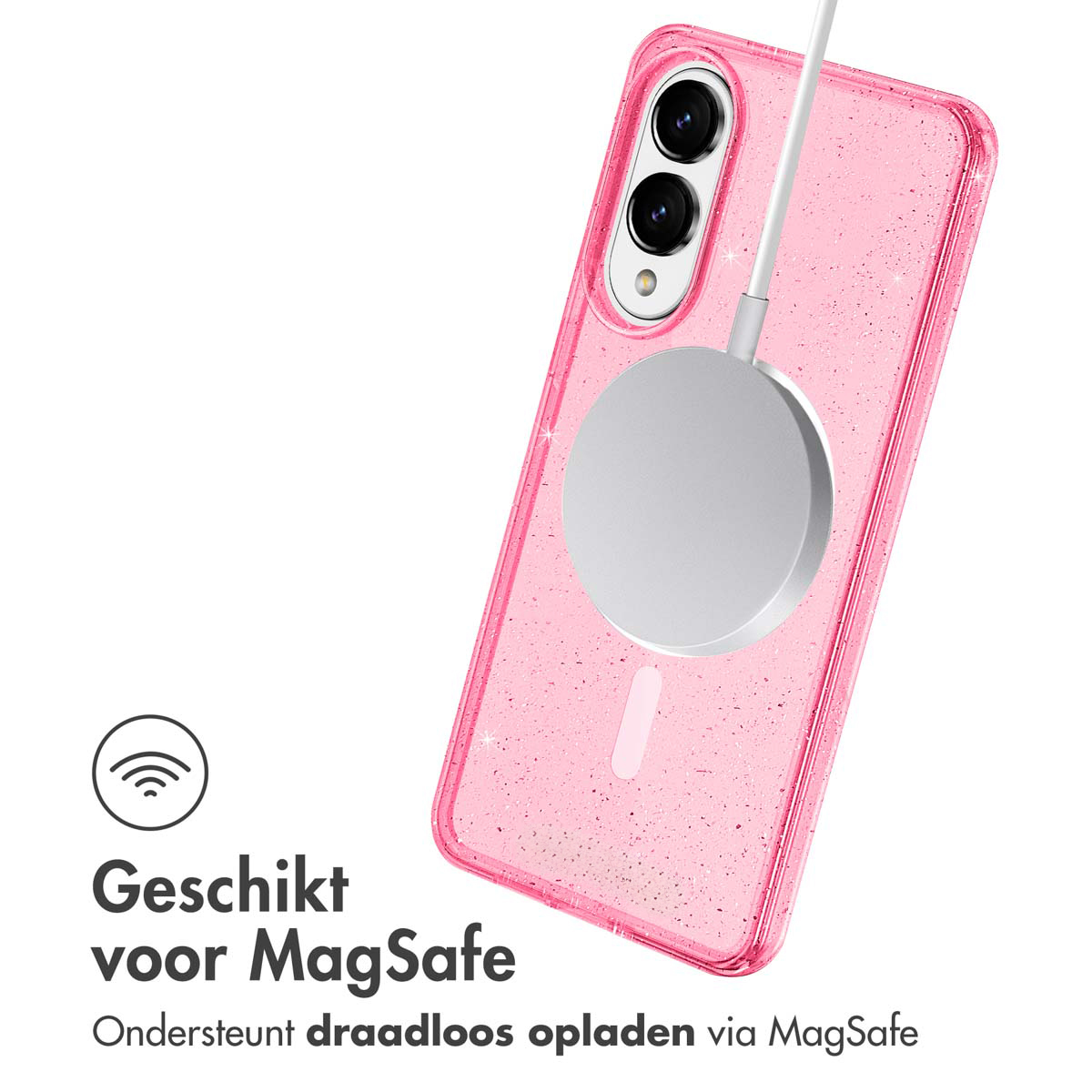 Coque de téléphone rose à paillettes, chargeur MagSafe connecté. Texte en néerlandais : 'Geschikt voor MagSafe'