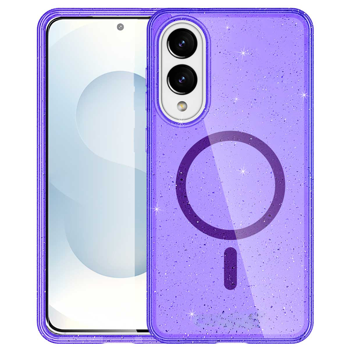 Coque de téléphone violette à paillettes sur un téléphone, avec un cercle blanc et un tiret.