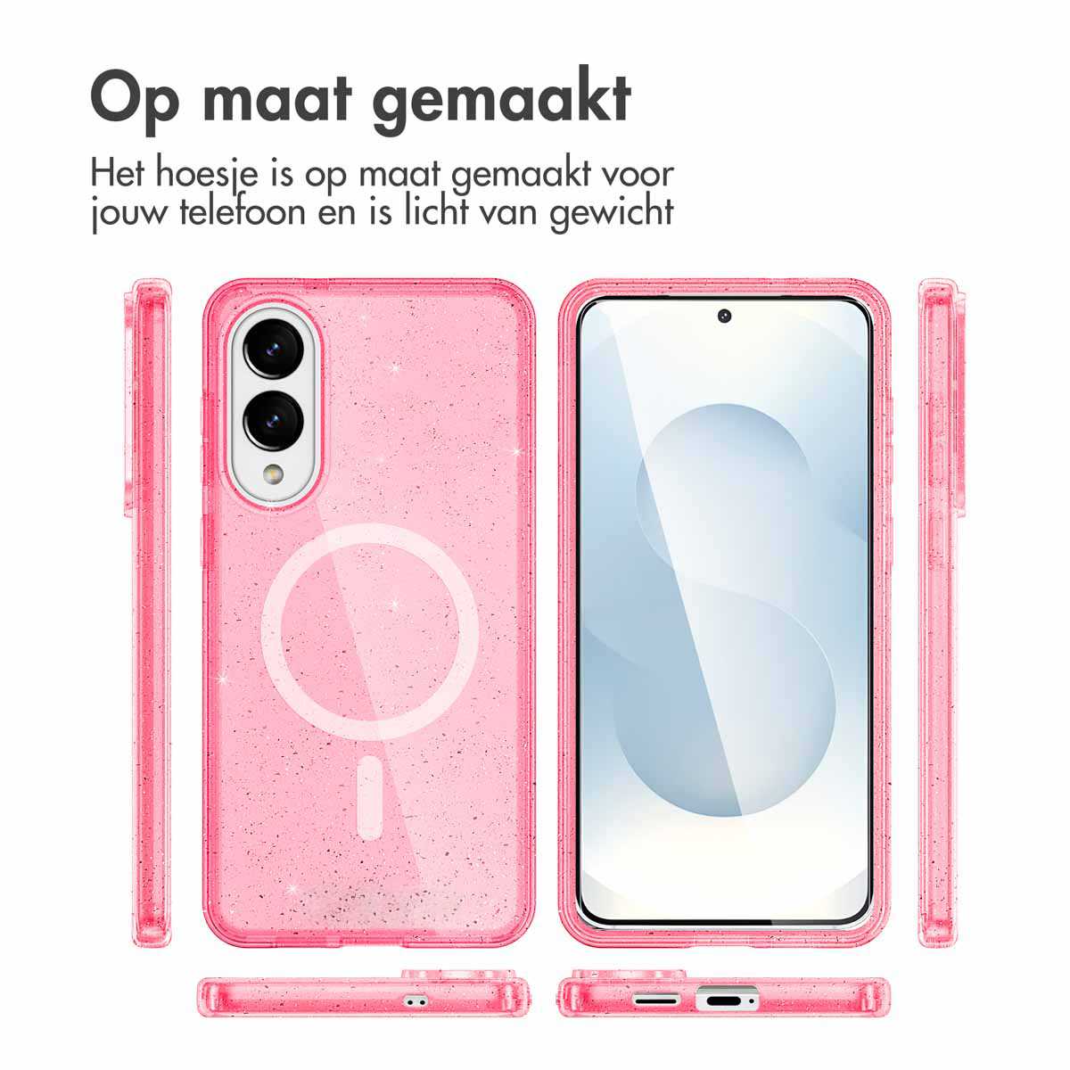 Coque de téléphone avec téléphone, montrant tous les côtés, le haut, le bas et l'arrière.