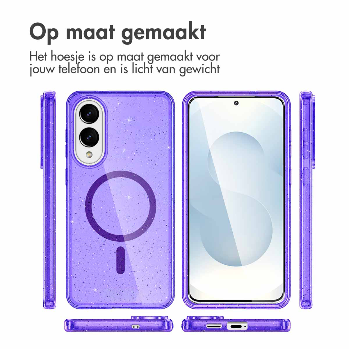 Coque de téléphone violette avec texte en néerlandais : 'Op maat gemaakt'. Montre la coque sous plusieurs angles.