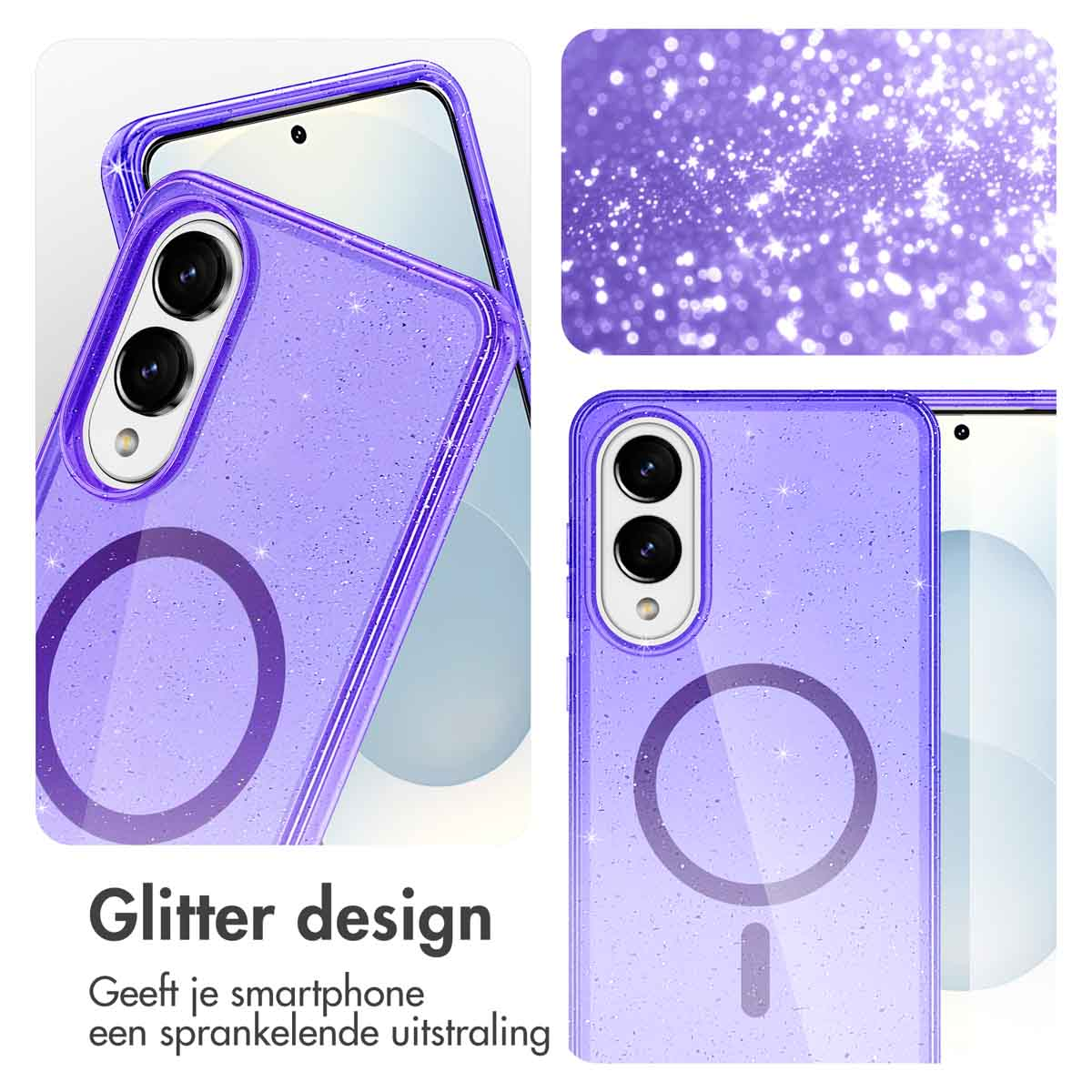 Coque de téléphone violette à paillettes. Texte en néerlandais : 'Glitter design' et 'Geeft je smartphone een sprankelende uitstraling'