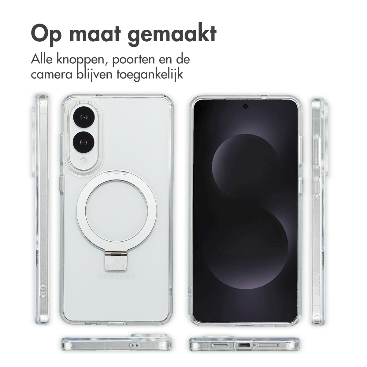 Coque de téléphone transparente avec bague de support. Texte : Fabriqué sur mesure, tous les boutons, ports et caméra restent accessibles.