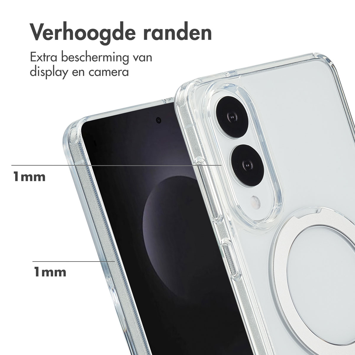 Coque transparente sur le téléphone. Texte : Bords surélevés, protection supplémentaire pour l'écran et l'appareil photo, 1 mm.