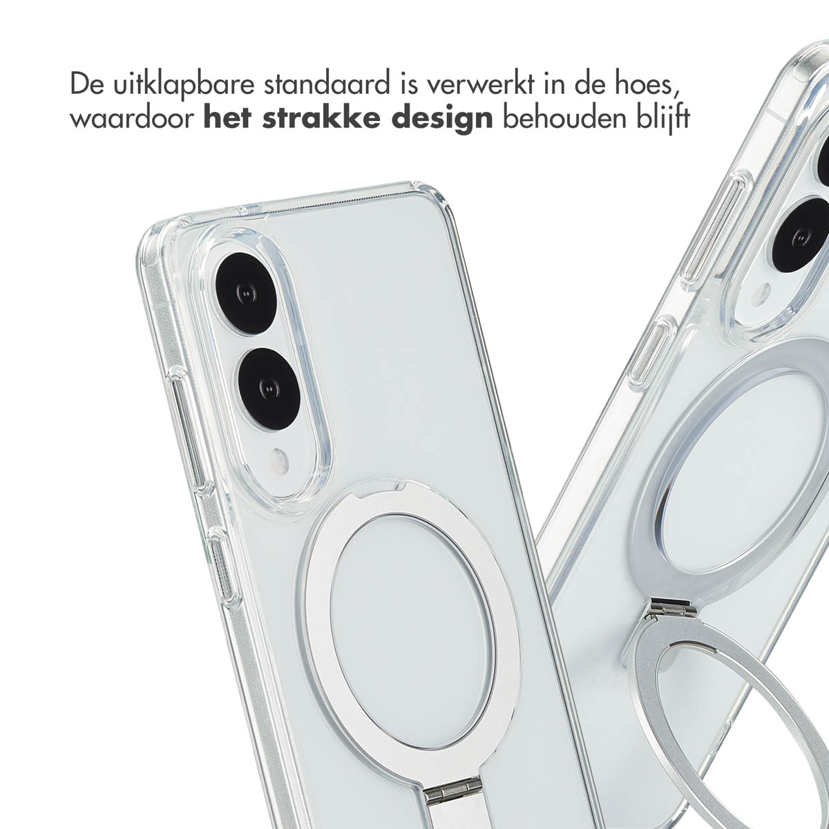 Coque de téléphone avec anneau, gros plan. Texte en néerlandais : 'De uitklapbare standaard is verwerkt in de hoes.'