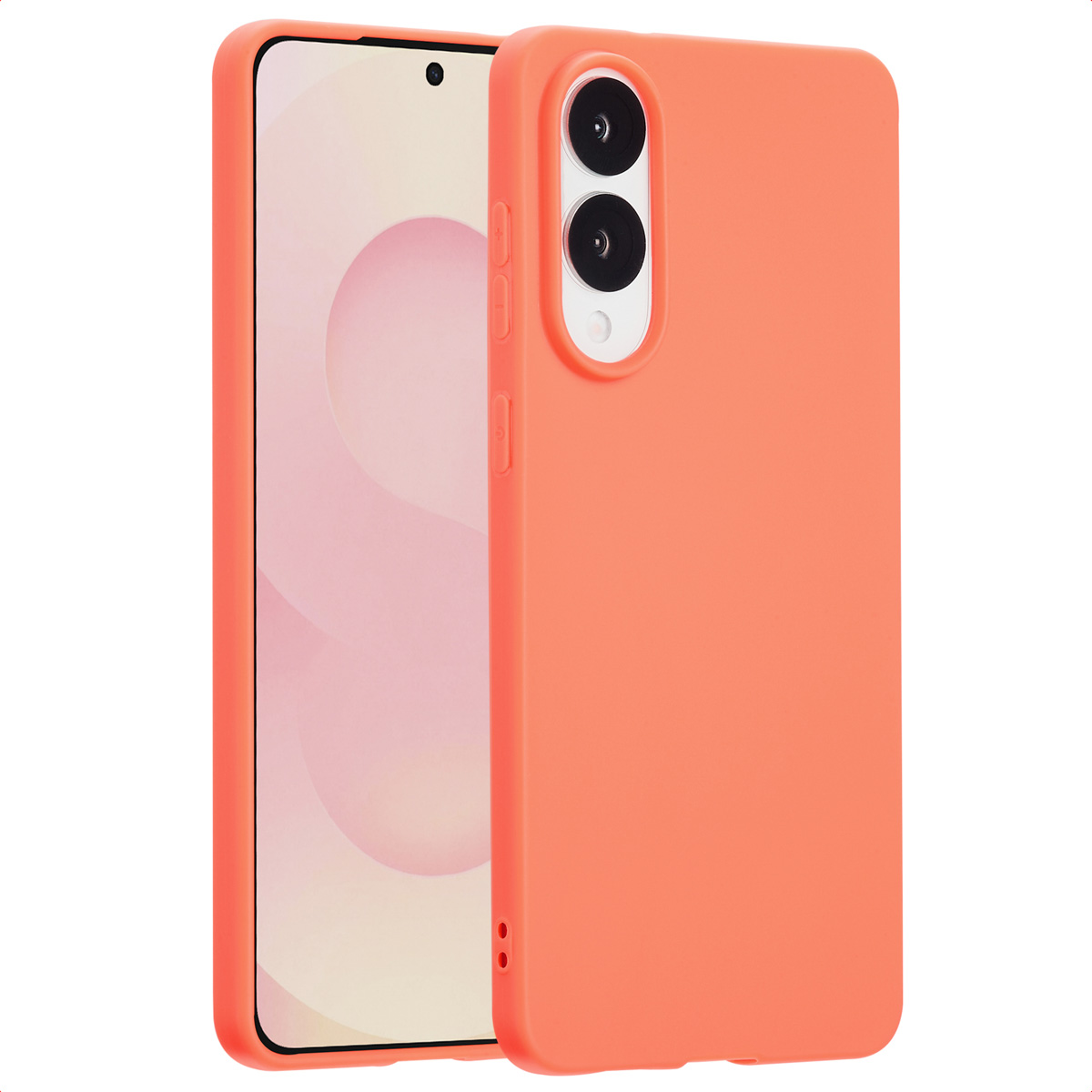 Een oranje telefoonhoes staat naast een telefoon. De telefoon heeft zwarte cameralenzen en een camera aan de voorkant.