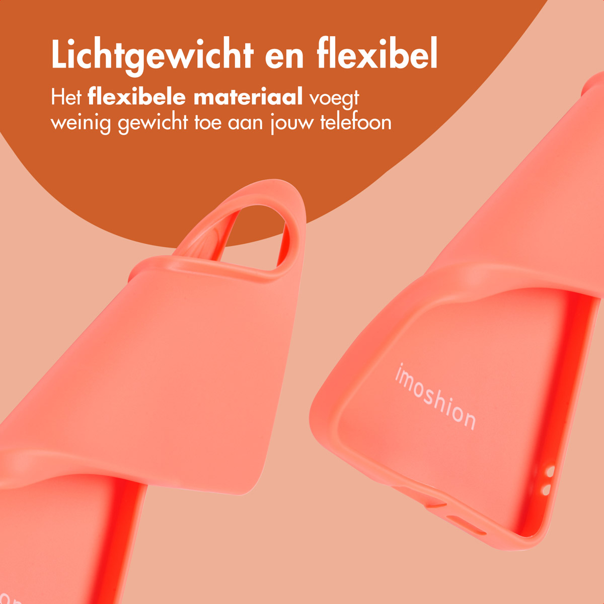 Twee oranje telefoonhoesjes worden getoond. De hoesjes zijn schuin en erachter zit een perzikachtergrond.