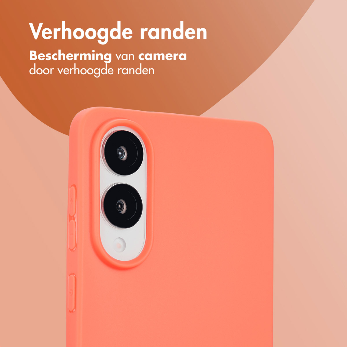 Oranje telefoonhoes, close-up van de camera en tekst: 'Verhoogde randen'.