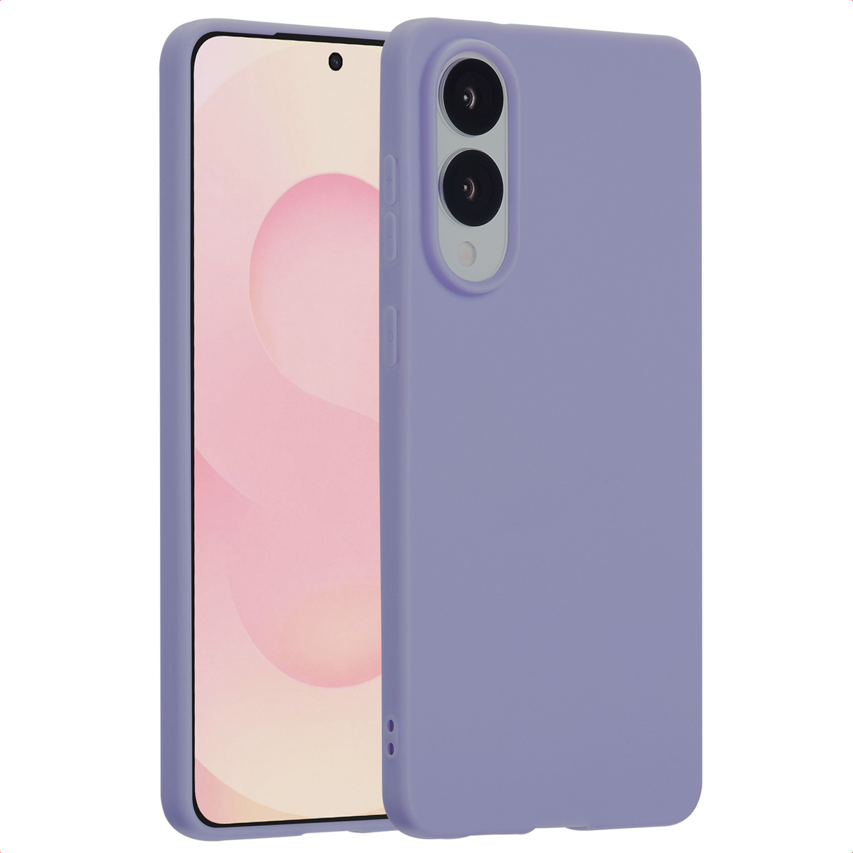 Een paarse telefoonhoes wordt getoond met een telefoon erin. De telefoon heeft zwarte cameralenzen en zijknoppen.