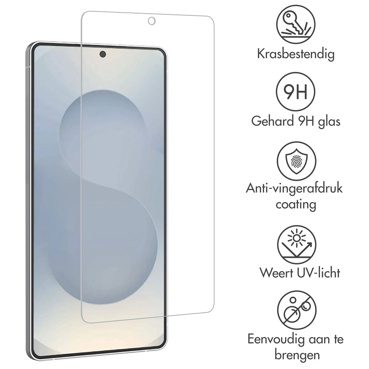 Écran de téléphone avec protecteur d'écran, avec des icônes décrivant ses caractéristiques.