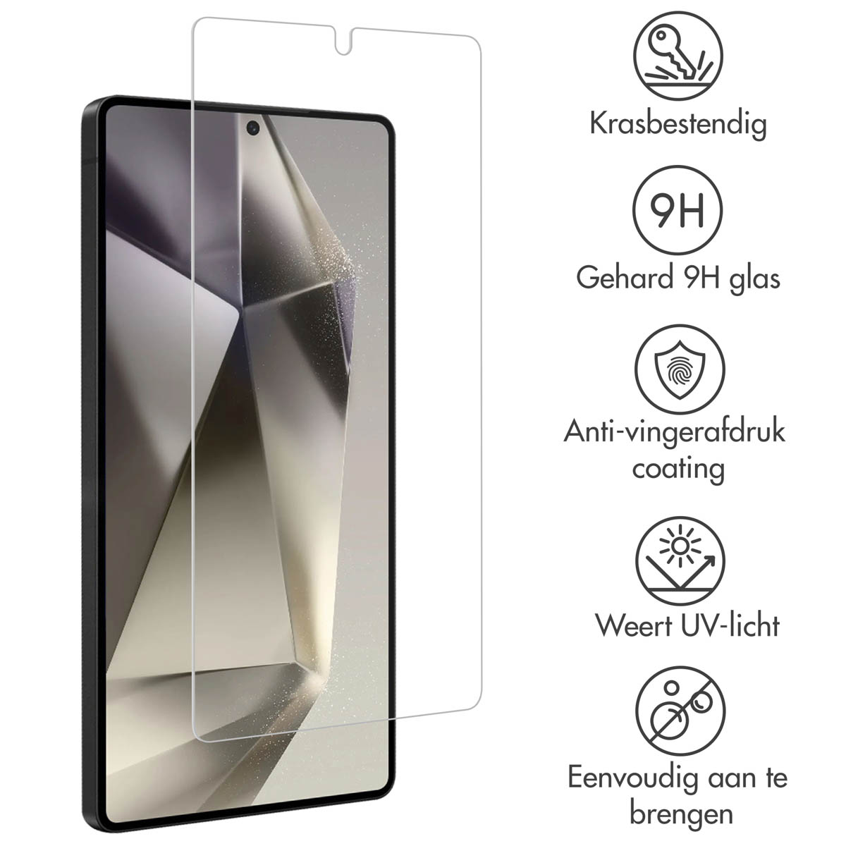 Écran de téléphone avec protecteur d'écran, avec des icônes décrivant ses caractéristiques.
