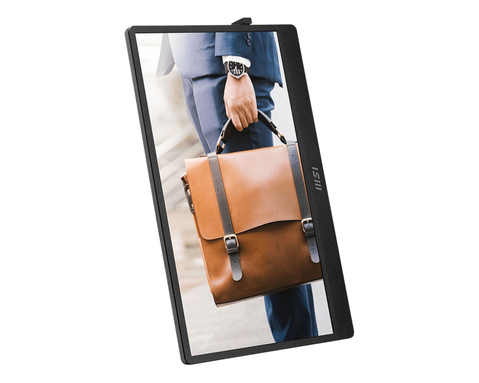 Monitor pokazujący mężczyznę trzymającego teczkę. Białe tło.