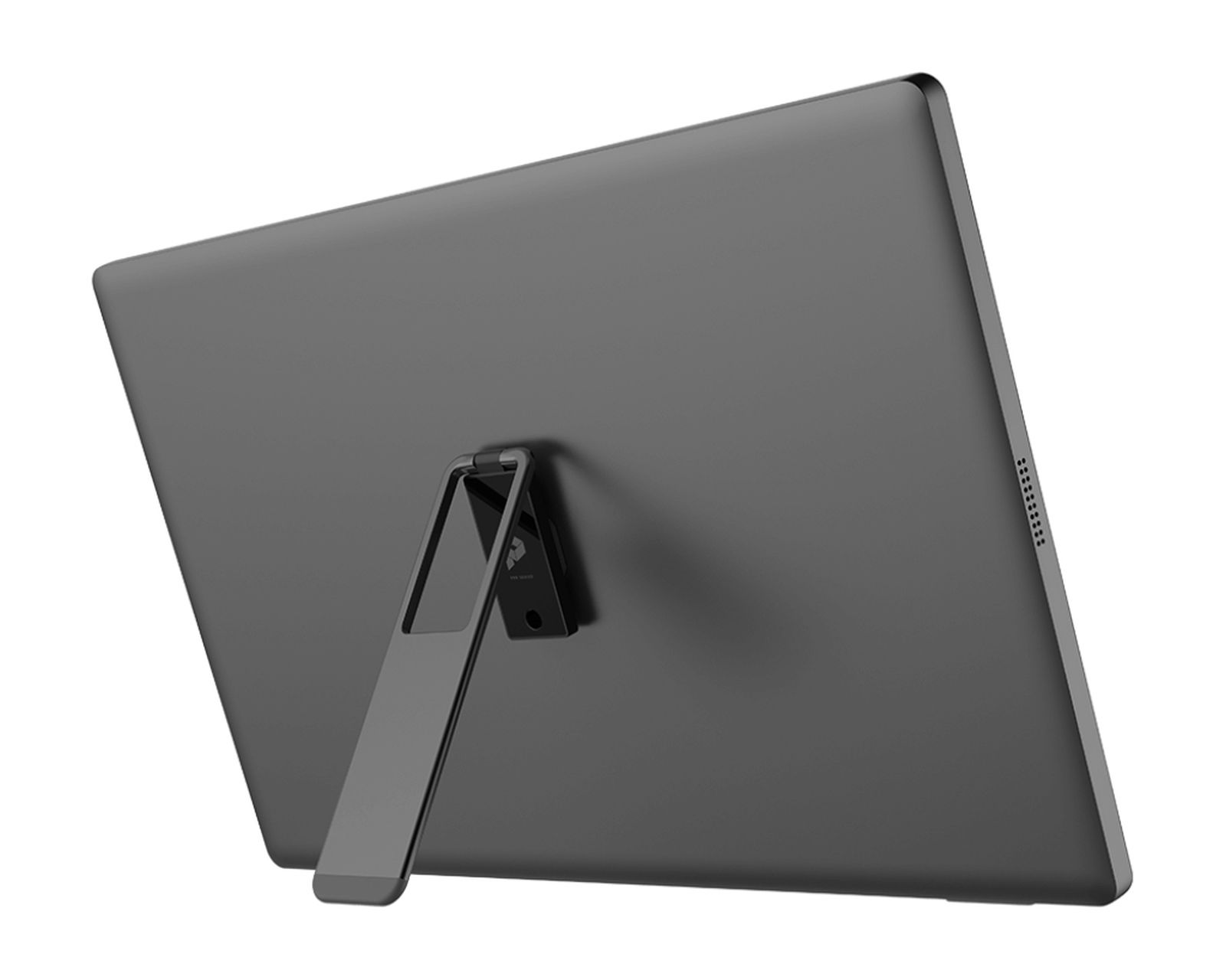 Widok z tyłu szarego monitora komputera. Stojak podtrzymuje ekran. Ekran ma czarną ramkę.