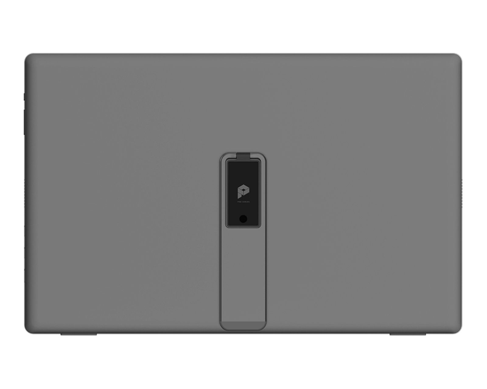 Szary tablet. Pokazano tył ze stojakiem.