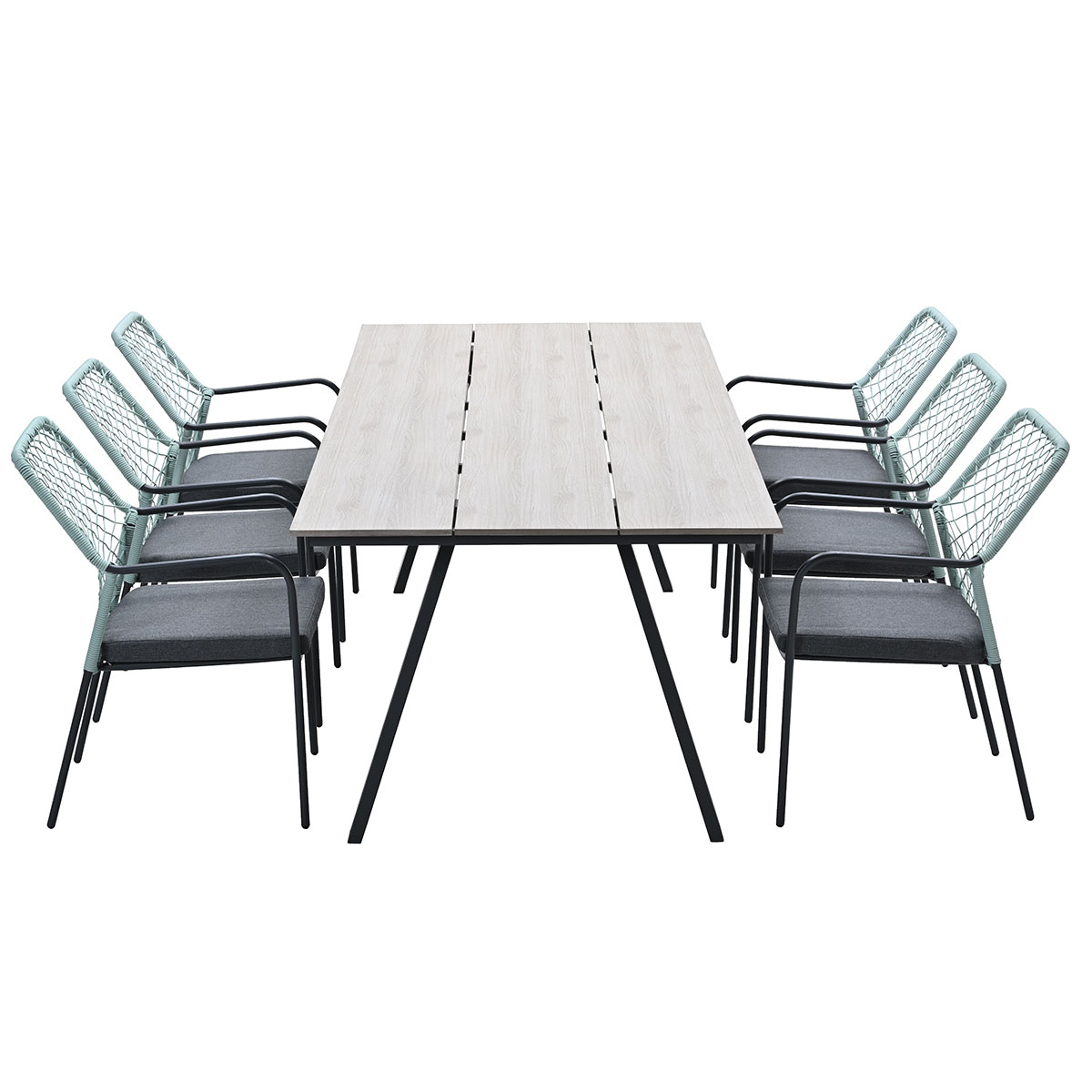 A long, rectangular table with eight chairs. The table has a light wooden top and black legs.