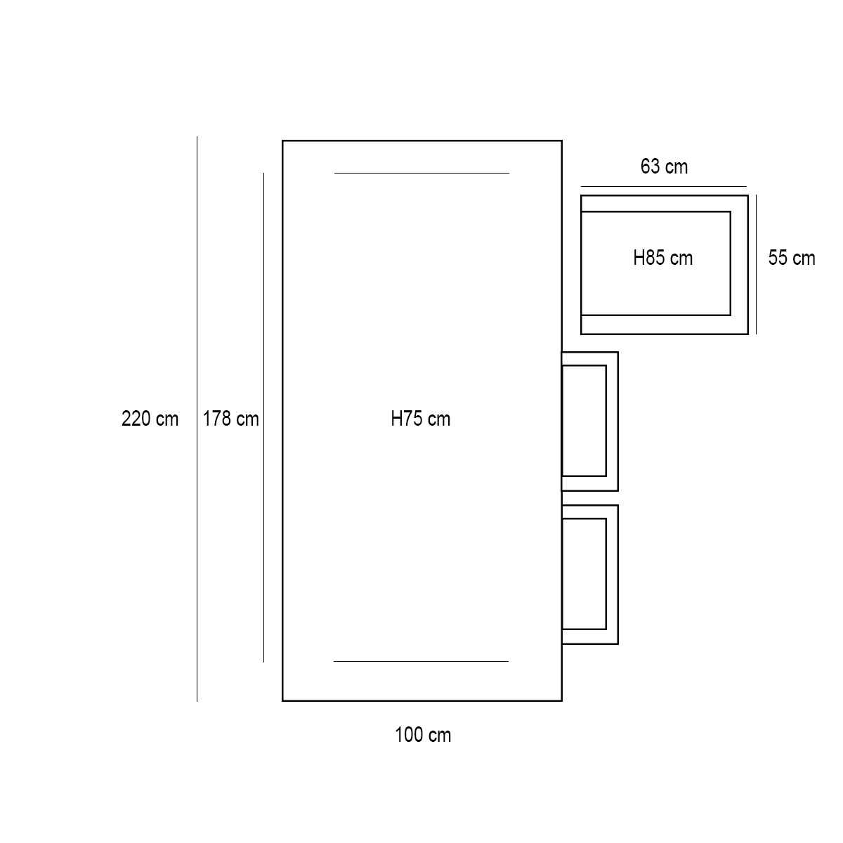 A diagram of furniture dimensions. A large rectangle and smaller ones.