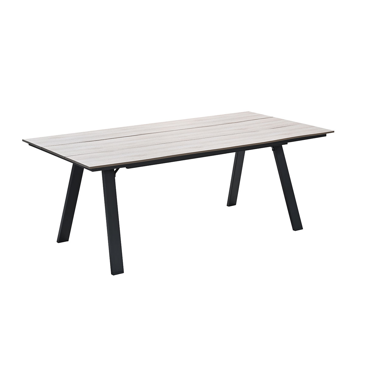 A table with a light-colored wooden top and black legs. The table is rectangular in shape.