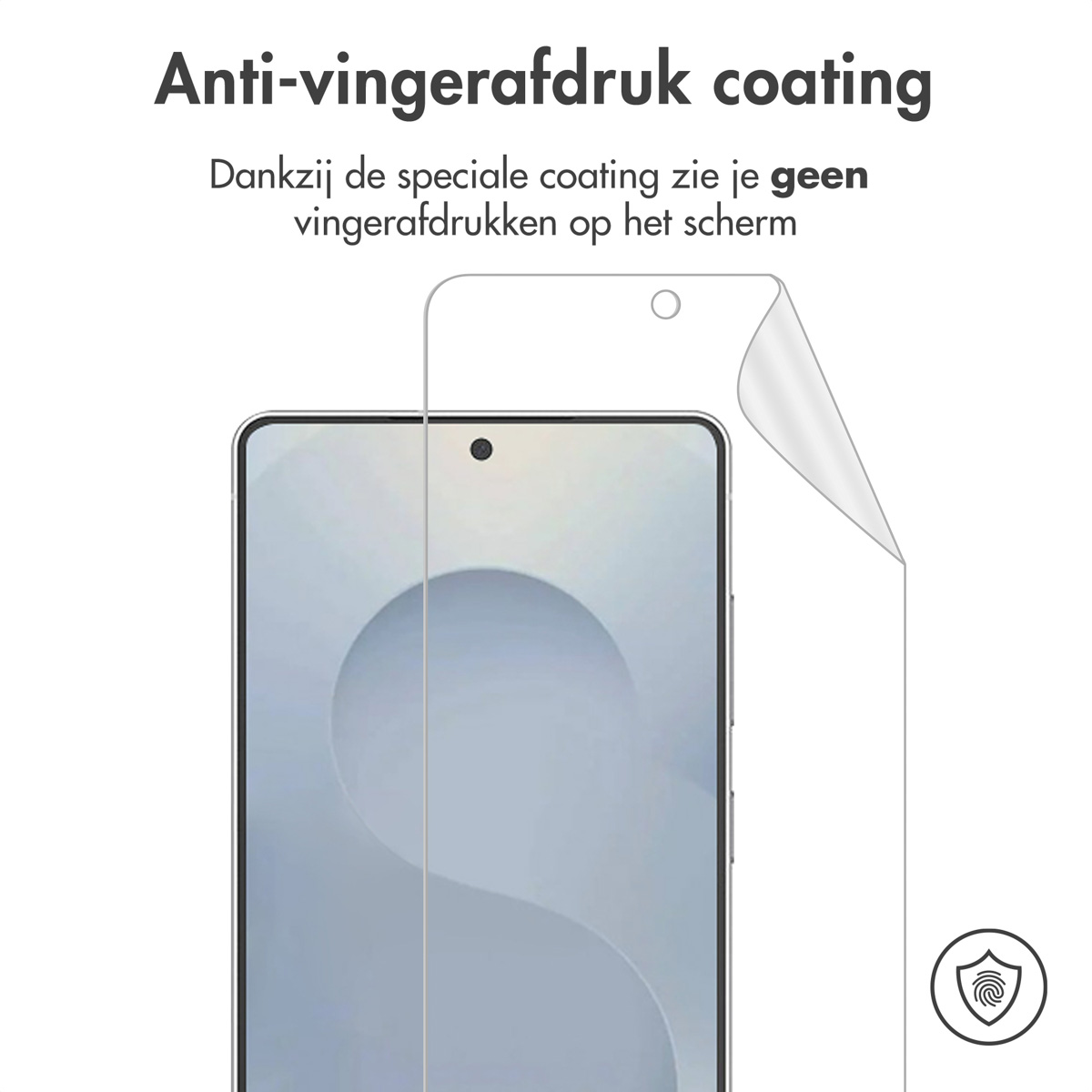 Un écran de téléphone avec un protecteur d'écran, avec le texte 'Revêtement anti-empreintes'.